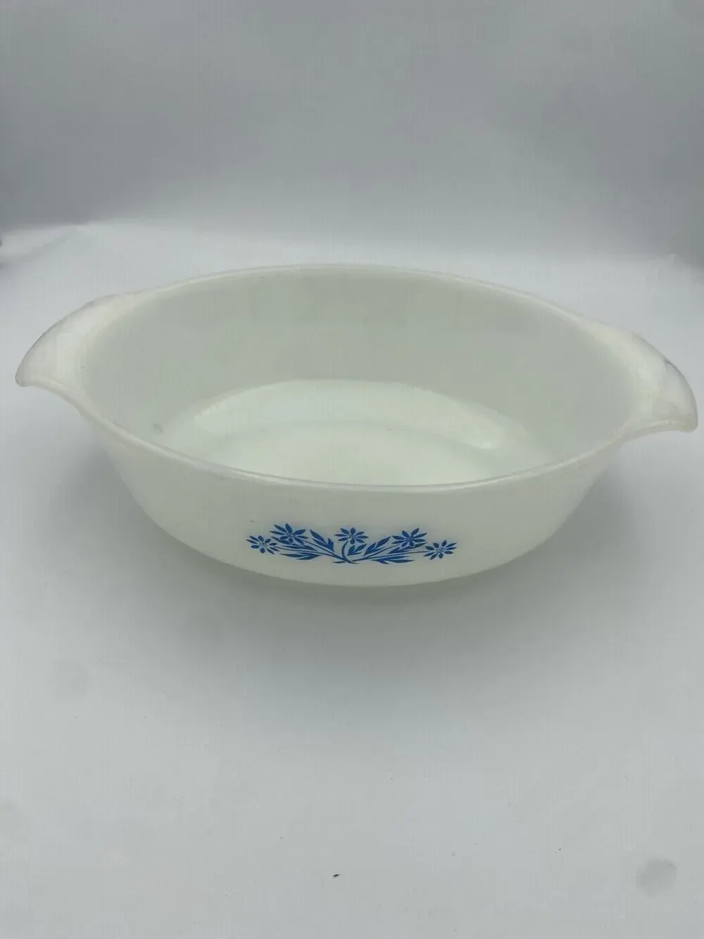 Fire-King Milk Glass Round Casserole Dish White Blue Floral Pattern 428